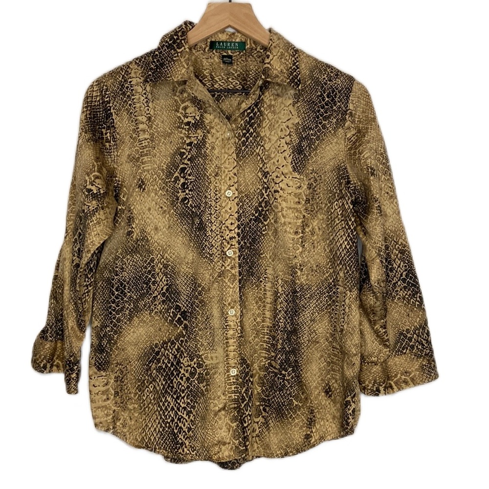 Lauren Ralph Lauren Snakeskin Button Down Top 3/4 Sleeve Mob Wife Animal Print